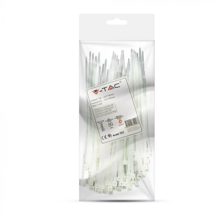 V-TAC kábelkötegelő csomag (100 db) 3,5 x 150 mm, fehér - 11165 - Image 2