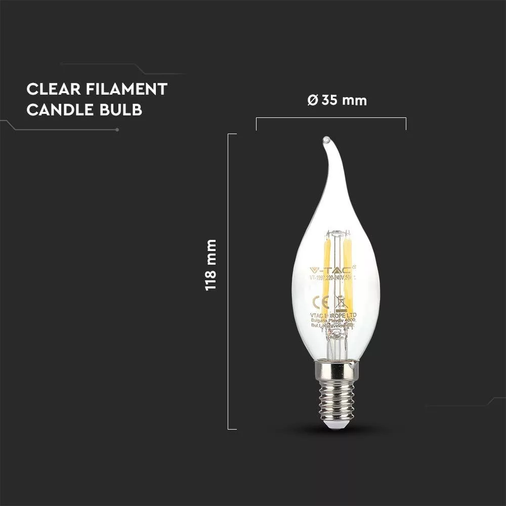 V-TAC LED filament COG E14 C37 4W 400lm 2700K gyertyaláng - 214302 - Image 4