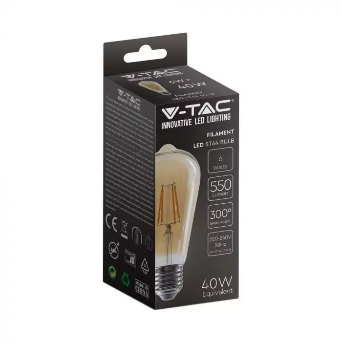 V-TAC LED borostyán filament COG E27 ST64 4W 350lm 2200K - 214361 - Image 5