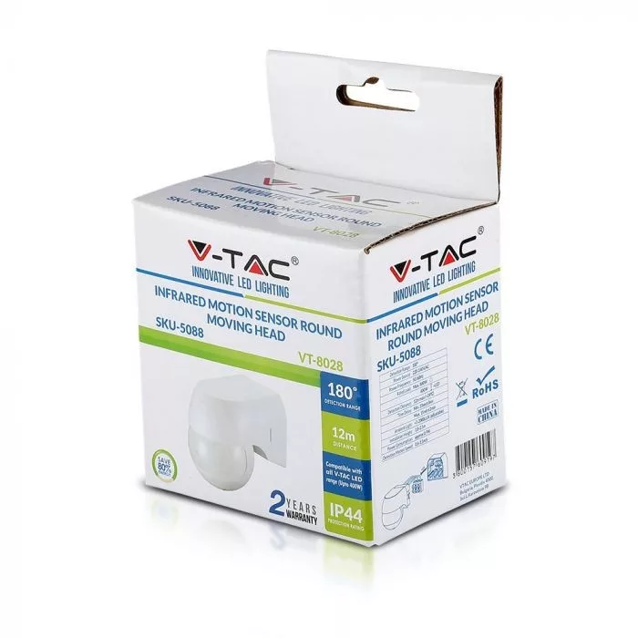 V-TAC oldalfali infravörös mözgásérzékelő mozgatható fejjel 180o, Max. 400W 240V (LED), IP44 fehér - 5088 - Image 2