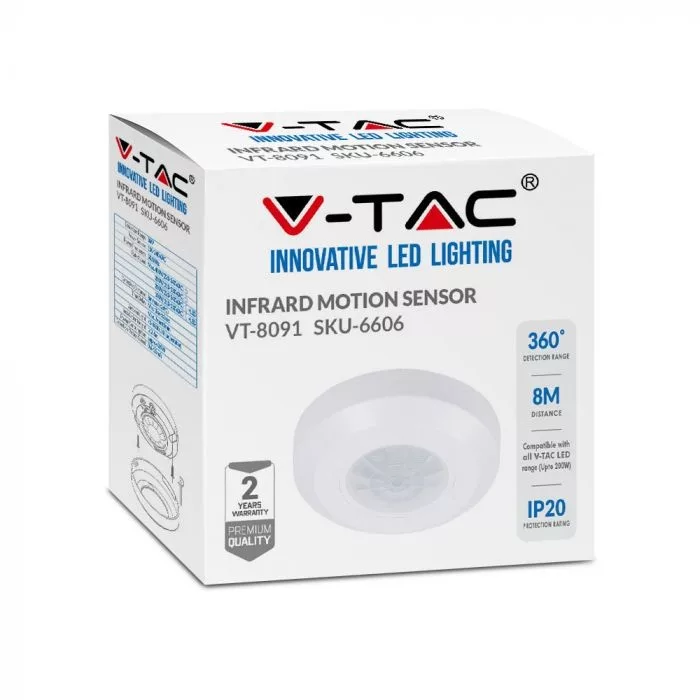 V-TAC mennyezeti infravörös mozgásérzékelő 360o, Max. 200W 240V (LED), IP20 fehér - 6606 - Image 3