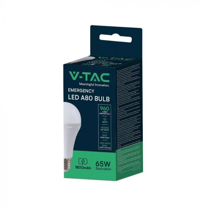 V-TAC LED VÉSZVILÁGÍTÓ FUNKCIÓVAL, KÉSZENLÉTI AKKUMULÁTORRAL E27 A80 12W 960lm 200o 4000K gömb - 7794 - Image 2
