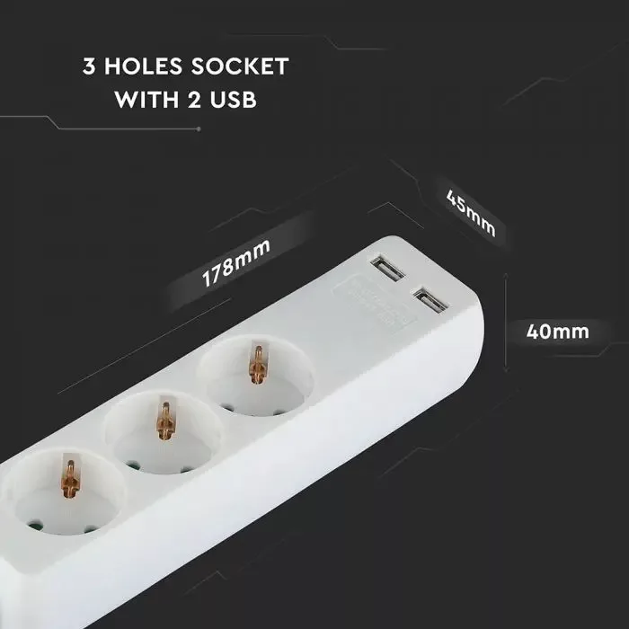 V-TAC hosszabbító 3 csatlakozós + 2 USB csatlakozóval, 5 m vezetékkel, fehér színű - 8775 - Image 2