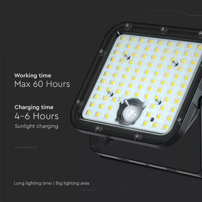 V-TAC Napelemes LED reflektor 30W 4800lm 3,7V 6000mAh 4000K, 5 m vezetékkel, PIR szenzorral, távirányítóval, fekete - 10310 - Image 6