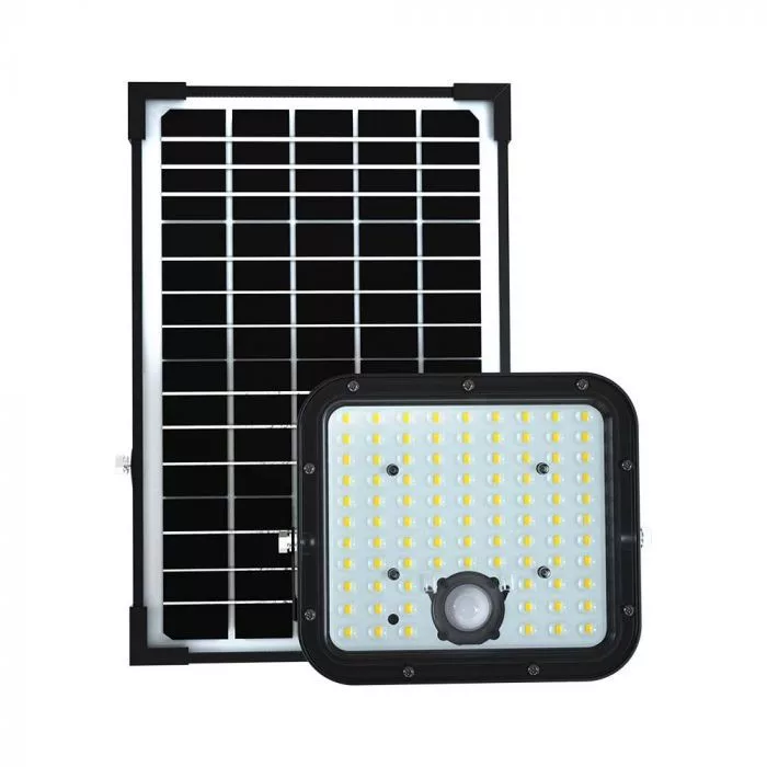 V-TAC Napelemes LED reflektor 30W 4800lm 3,7V 6000mAh 4000K, 5 m vezetékkel, PIR szenzorral, távirányítóval, fekete - 10310