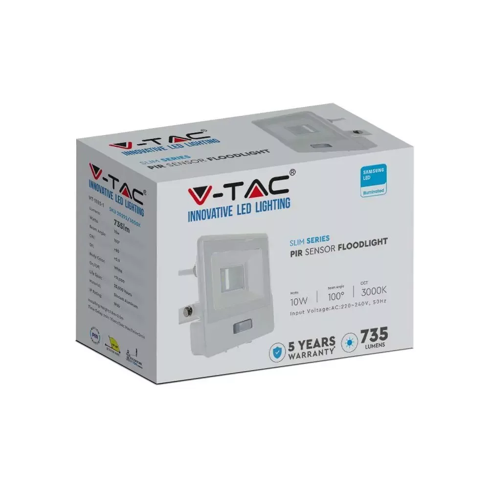 V-TAC LED reflektor Samsung Chip 10W 735lm 6500K, beépített mozgásérzékelővel, fehér házzal - 20294 - Image 7