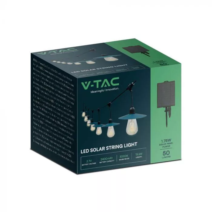 V-TAC napelemes LED fényfüzér 15 db ST64-es formájú fényforrásokkal, 15 m hosszú, fekete színű, 3W 50lm 3,7V 2x1200mAh, 3000K - 23034 - Image 4