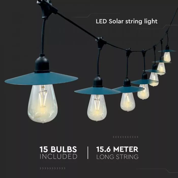 V-TAC napelemes LED fényfüzér 15 db ST64-es formájú fényforrásokkal, 15 m hosszú, fekete színű, 3W 50lm 3,7V 2x1200mAh, 3000K - 23034 - Image 2