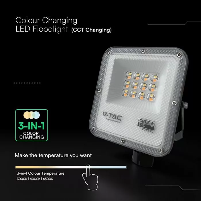 V-TAC LED reflektor 10W 730lm 3in1 CCT fekete házas (CREE LED) - 240726 - Image 3