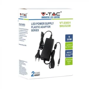 V-TAC LED műanyagházas dugvillás tápegység 30W 2,5A 12V IP44 II. érintésvédelmi osztály - 3238