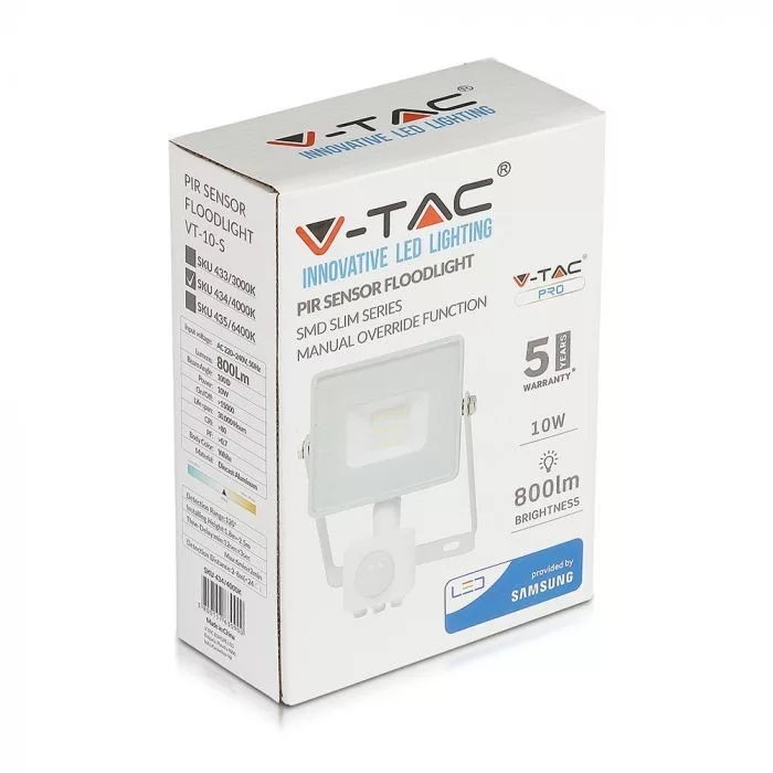 V-TAC LED reflektor Samsung Chip 10W 800lm 3000K, mozgásérzékelővel, fehér házzal - 433 - Image 3