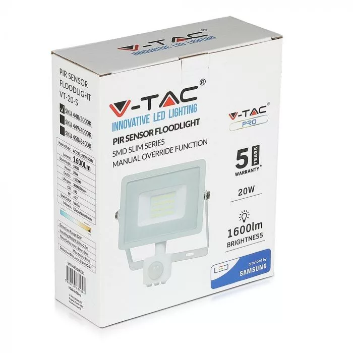 V-TAC LED reflektor Samsung Chip 20W 1600lm 4000K, mozgásérzékelővel, fehér házzal - 449 - Image 8