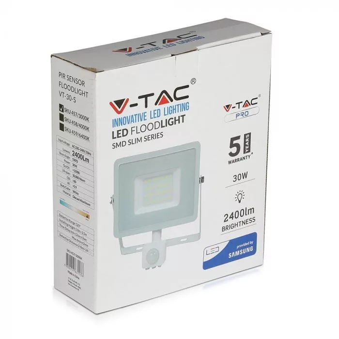 V-TAC LED reflektor Samsung Chip 30W 2400lm 6500K, mozgásérzékelővel, fehér házzal - 459 - Image 5