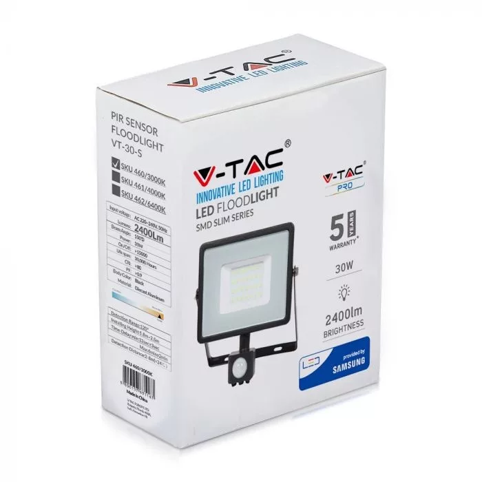 V-TAC LED reflektor Samsung Chip 30W 2400lm 3000K, mozgásérzékelővel, fekete házzal - 460 - Image 6