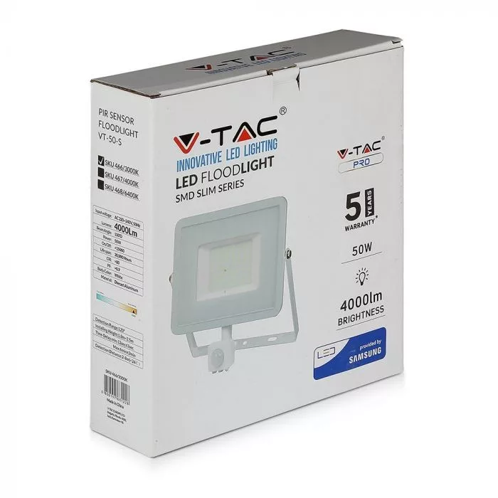 V-TAC LED reflektor Samsung Chip 50W 4000lm 3000K, mozgásérzékelővel, fehér házzal - 466 - Image 7
