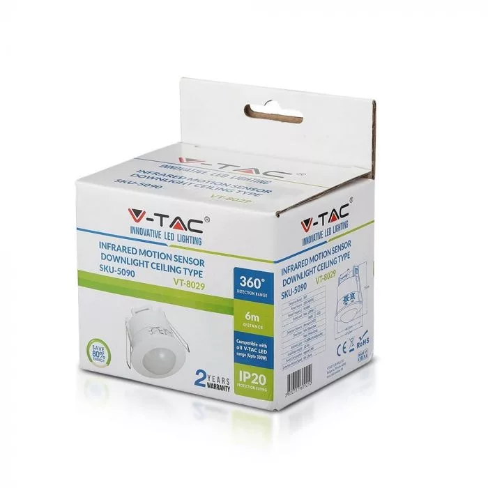 V-TAC beépíthető infravörös mozgásérzékelő 360o, Max. 300W 240V (LED), IP20 fehér - 5090 - Image 3