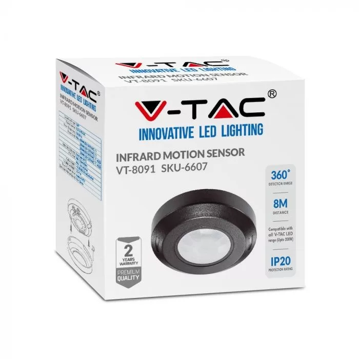 V-TAC mennyezeti infravörös mozgásérzékelő 360o, Max. 200W 240V (LED), IP20 fekete - 6607 - Image 3