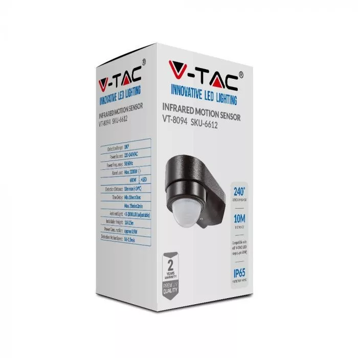 V-TAC sarok kialakítású infravörös mozgásérzékelő 240o, Max. 600W 240V (LED), IP65 fekete - 6612 - Image 3