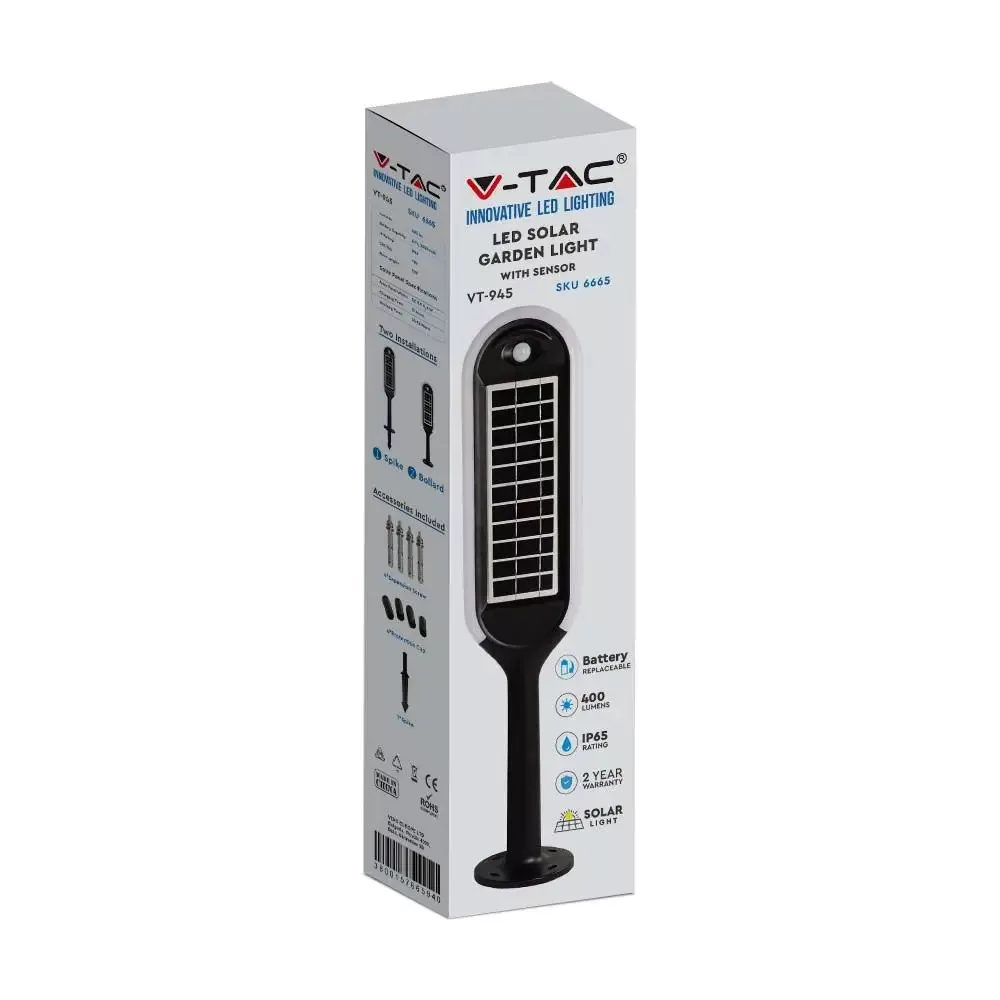 V-TAC leszúrható napelemes kerti lámpa mozgásérzékelővel, 5W 400lm 3,7V 2000mAh, 4000K, fekete színű - 6665 - Image 8