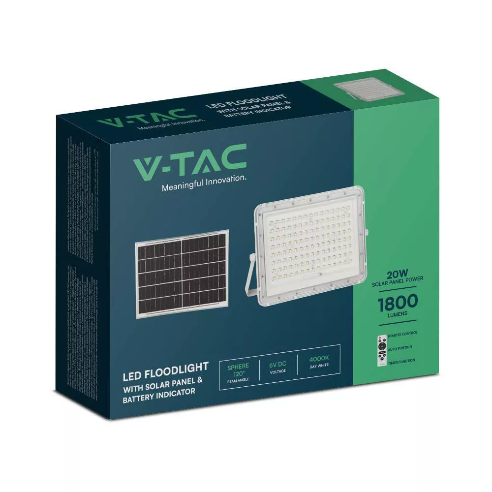 V-TAC Napelemes LED reflektor 20W 1800lm 3,2V 16000mAh 4000K, 3m vezetékkel, cserélhető akkumulátorral, távirányítóval, fehér - 7846 - Image 9