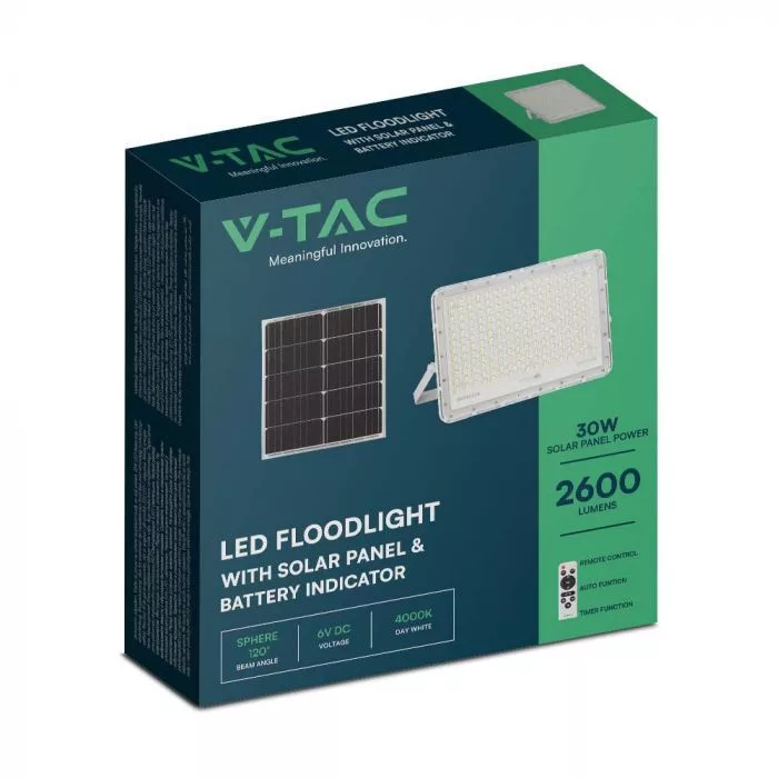 V-TAC Napelemes LED reflektor 30W 2600lm 3,2V 20000mAh 4000K, 3m vezetékkel, cserélhető akkumulátorral, távirányítóval, fehér - 7848 - Image 9
