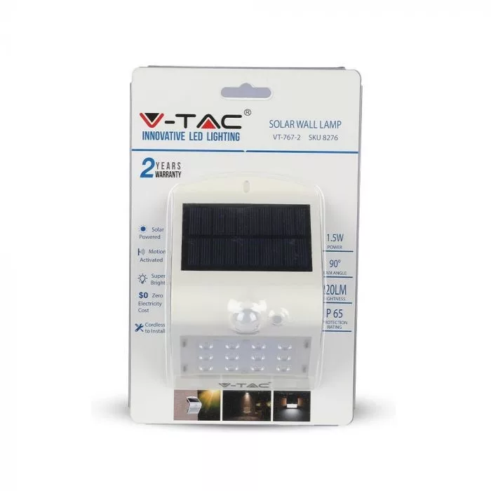 V-TAC napelemes fali LED lámpa (mini reflektor), 1,5W 220lm 3,7V 1200mAh, 4000K, mozgásérzékelővel, fekete-fehér színű - 8276 - Image 2