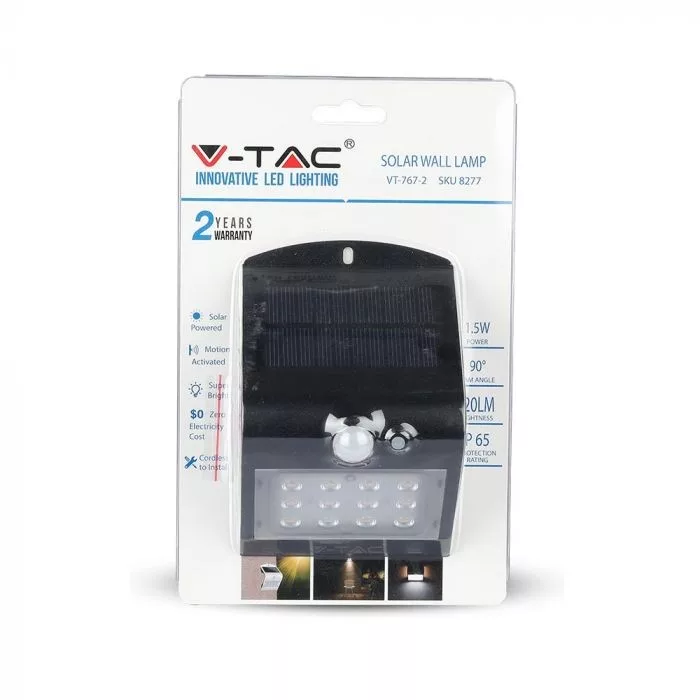 V-TAC napelemes fali LED lámpa (mini reflektor), 1,5W 220lm 3,7V 1200mAh, 4000K, mozgásérzékelővel, fekete színű - 8277 - Image 5