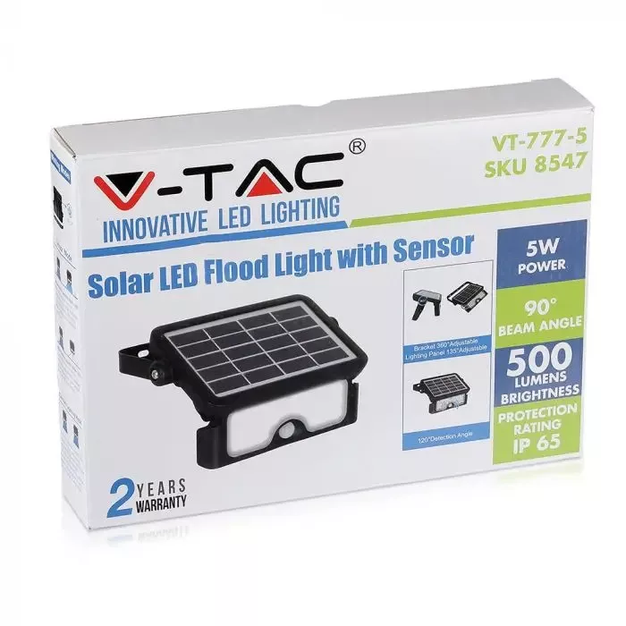 V-TAC Napelemes, falra szerelhető LED lámpa 5W 3,7V 3000mAh 4000K, PIR szenzorral, fekete - 8547 - Image 5