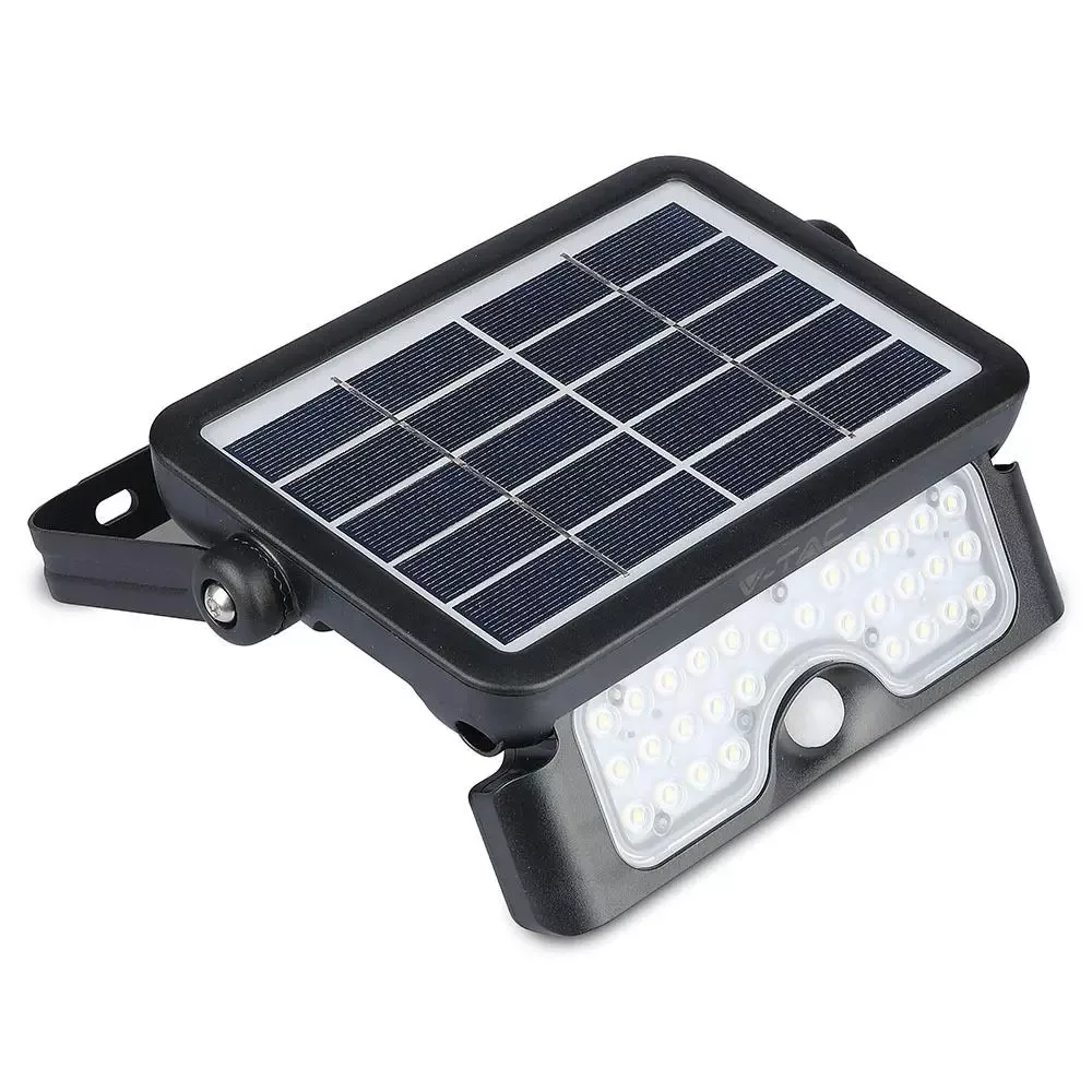 V-TAC Napelemes, falra szerelhető LED lámpa 5W 3,7V 3000mAh 4000K, PIR szenzorral, fekete - 8547