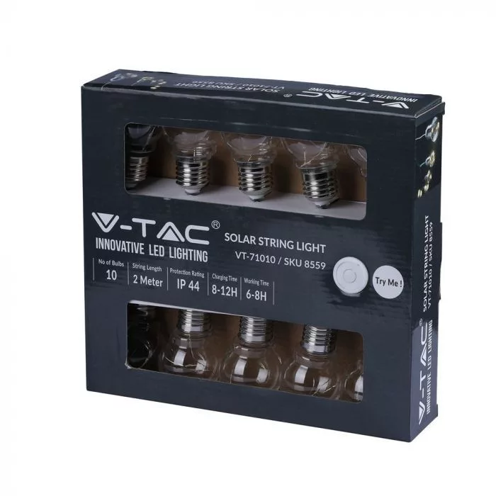 V-TAC napelemes LED party fényfüzér 2 m, 10 db fényforrással, 10W 100lm 1,2V 300mAh, 3000K, ezüst színű - 8559 - Image 3