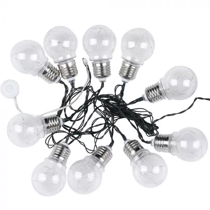 V-TAC napelemes LED party fényfüzér 2 m, 10 db fényforrással, 10W 100lm 1,2V 300mAh, 3000K, ezüst színű - 8559
