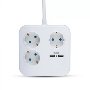 V-TAC 3-as hálózati elosztó + 2 USB-A port, 1,4 m vezetékkel, fehér - 8799