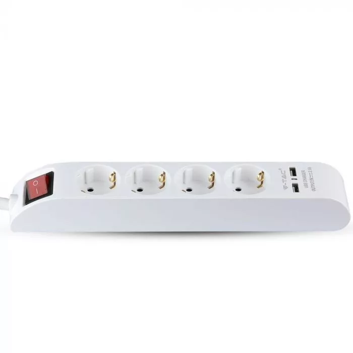 V-TAC 4-es hosszabbító kapcsolóval + 2 USB-A port, 1,4 m vezetékkel, fehér - 8808