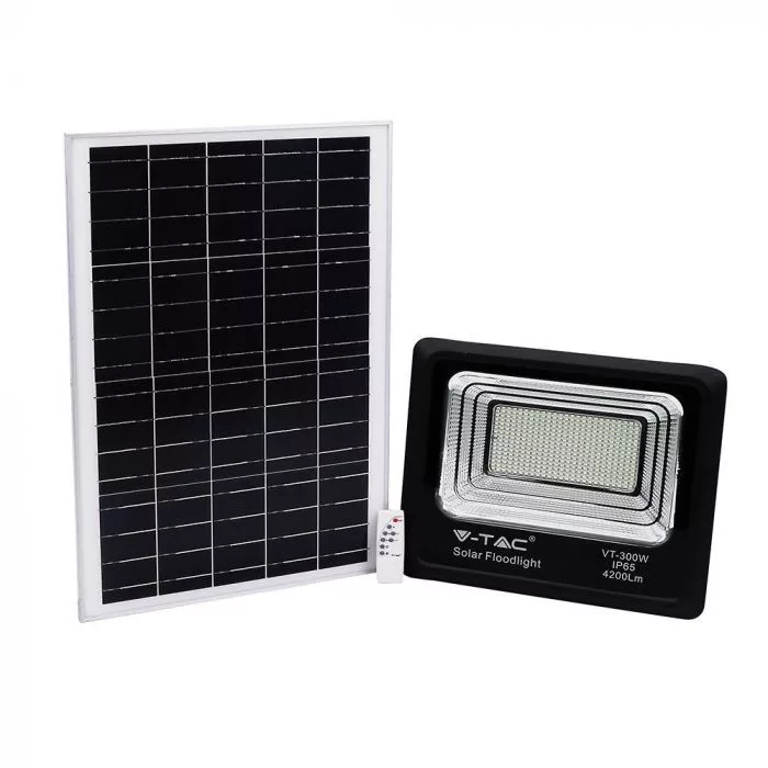 V-TAC Napelemes LED reflektor 50W 4200lm 3,2V 25000mAh 4000K, 5 m vezetékkel, UV álló, távirányítóval, fekete - 8578